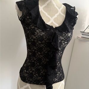 Vintage Elegant Black Lace Top with Ruffles
